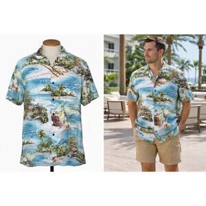 Kalaheo Men's L Hawaiian Button Shirt AOP Leaf Floral Blue Pocket Made In Hawaii